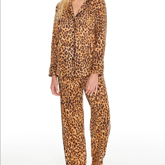 Leopard Print Button Up Top and Pants 2cps Pajama Set